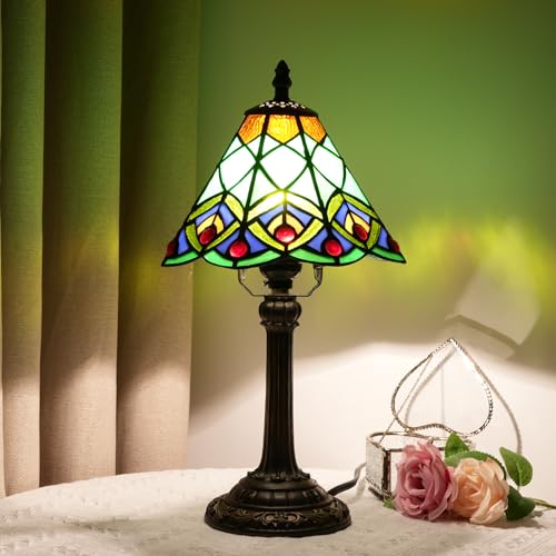 Blivuself Green Small Tiffany Lamp Stained Glass Table lamp Peacock Tail Bedroom Bedside Light for Living Room Dormitory Bar Retro Style Unique Cute funky Accent Decor Cottage 8" Village gift Nightstand Lamp - Image 2