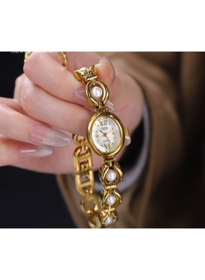 GEDI Pearl Accent Women's Watch, Gold-Tone with Oval Dial - Vintage Elegant Timepiece & Fashion Statement Accessory