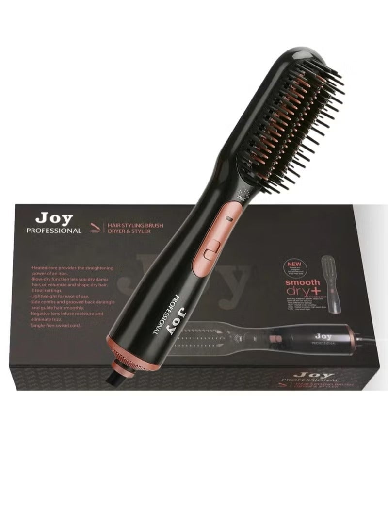 JOY CARE Joy 3-in-1 Professional Hair Styling Brush – Hot Air Dryer, Volumizer & Straightener, Black/Rose Gold - Image 1