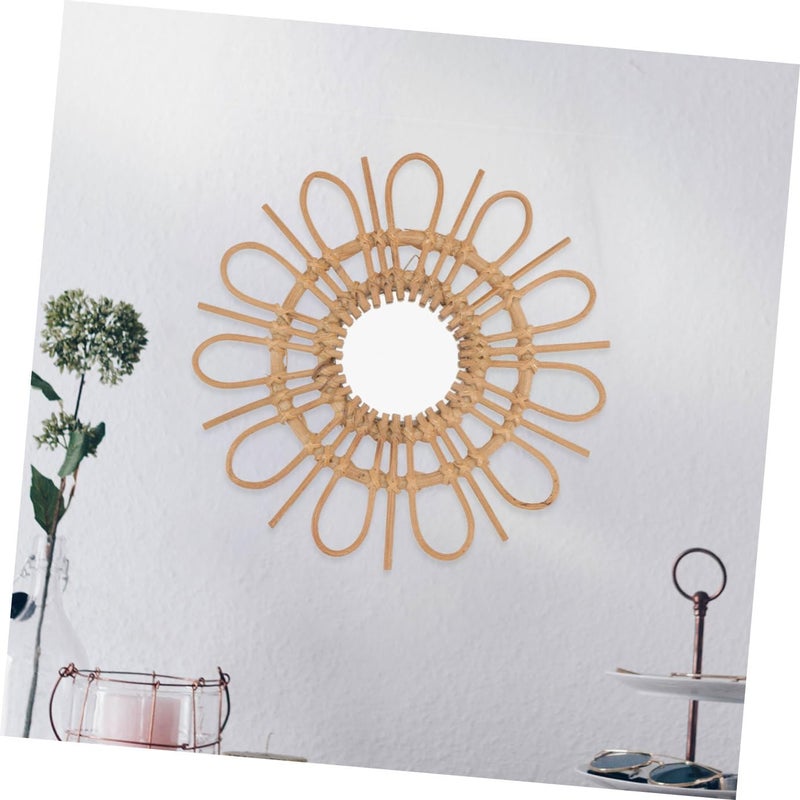 PRETYZOOM Hand-Woven Decorative Wall Mirror Light Brown Frame Vintage Makeup Mirror for Home and Bedroom - Image 5