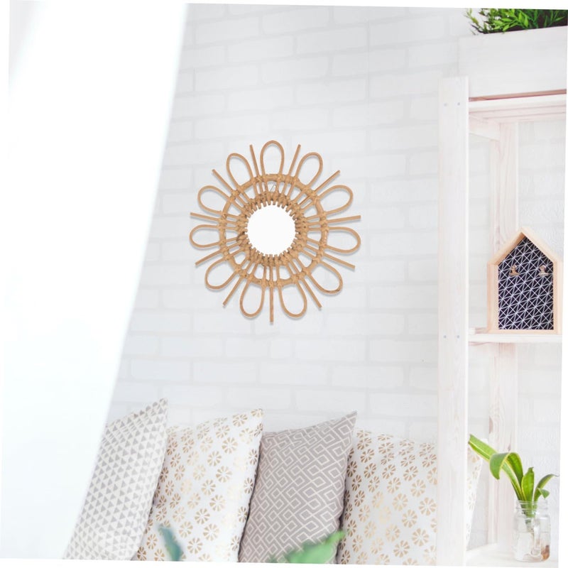 PRETYZOOM Hand-Woven Decorative Wall Mirror Light Brown Frame Vintage Makeup Mirror for Home and Bedroom - Image 4