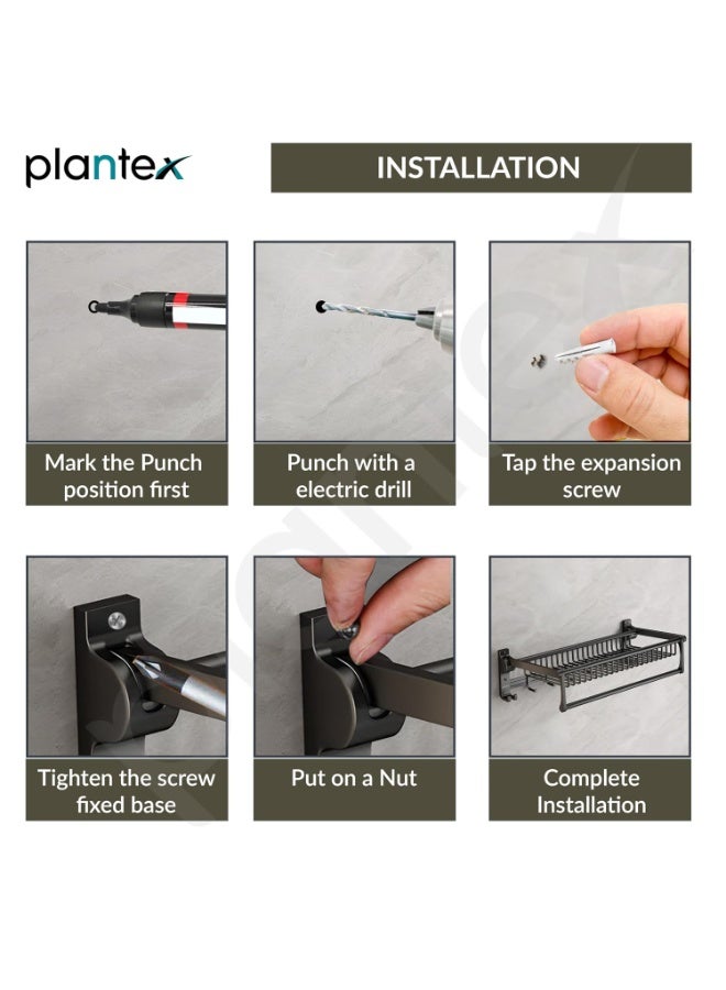 Plantex Aluminum Folding Towel Holder Rack for Bathroom, Rod with Hooks and Accessories, Black, 24 inches - Image 3