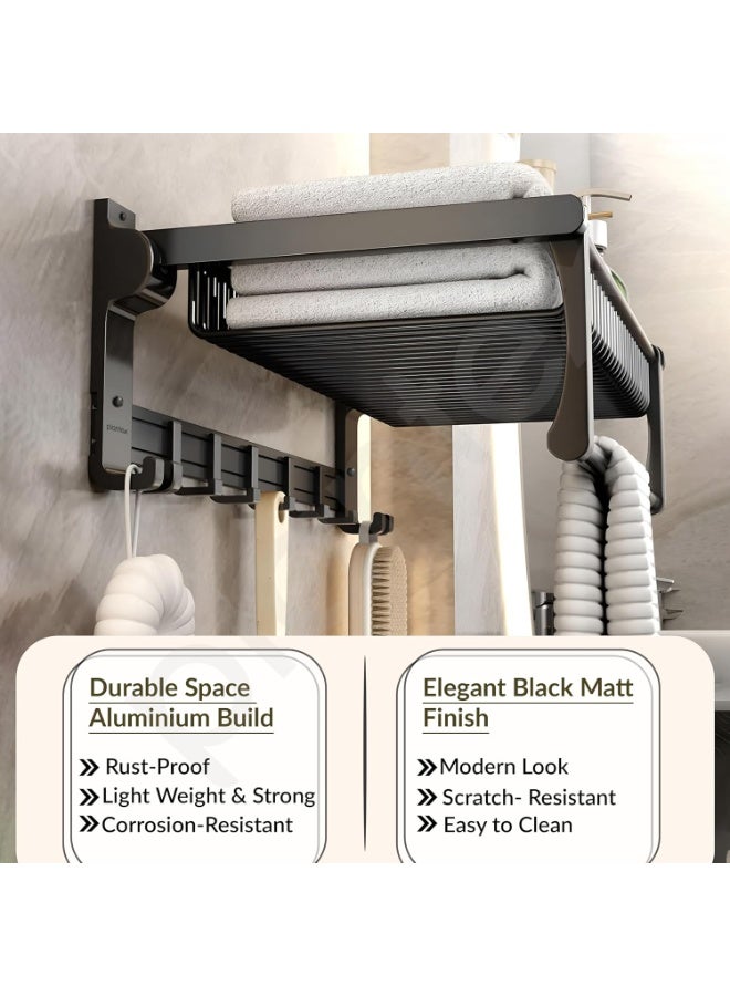 Plantex Aluminum Folding Towel Holder Rack for Bathroom, Rod with Hooks and Accessories, Black, 24 inches - Image 4