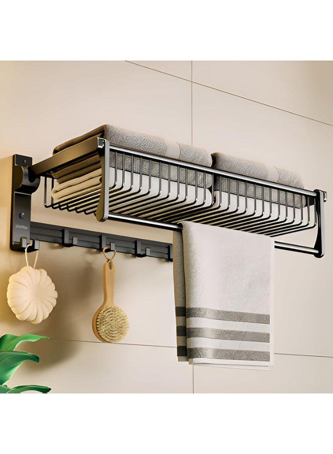 Plantex Aluminum Folding Towel Holder Rack for Bathroom, Rod with Hooks and Accessories, Black, 24 inches - Image 1