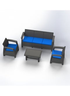 Dark brown sofa set with blue cushions