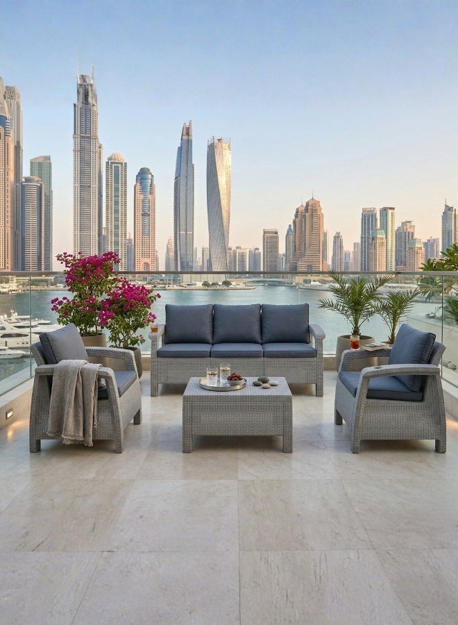 ماركولو طقم كنب خارجي ماركولو 5 مقاعد – تصميم راتان رمادي مع وسائد مقعد وظهر رمادية، كنبة 3 مقاعد + كرسيين + طاولة، مقاوم للعوامل الجوية - Image 3