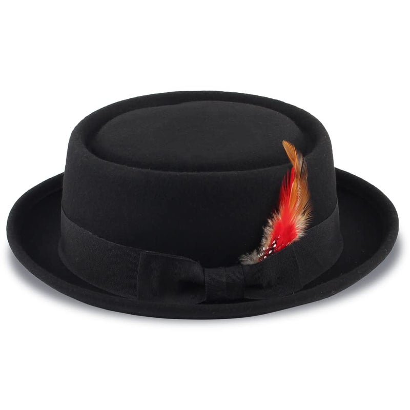 Samplife Pork Pie Hat for Men/Women Wool Felt Fedora Boater Porkpie Flat Top Derby Black - Image 2