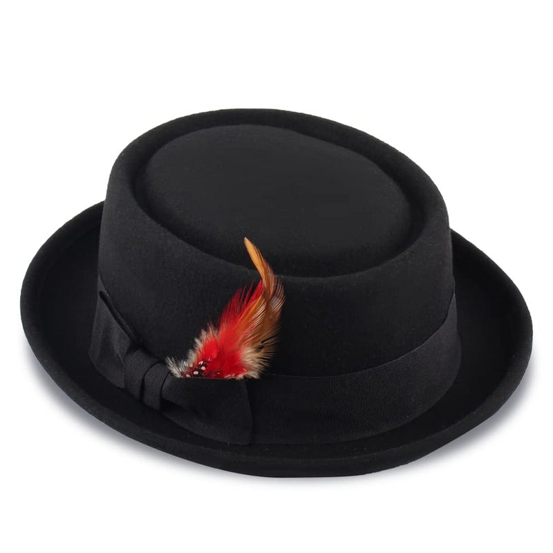 Samplife Pork Pie Hat for Men/Women Wool Felt Fedora Boater Porkpie Flat Top Derby Black - Image 4