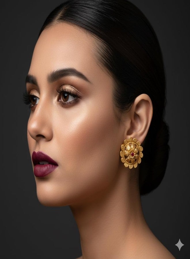AAIKU Traditional Gold-Plated Maharashtrian Stud Earrings & Non-Piercing Bugadi (Earcuff) Set | Pearl-Beaded with Red Ruby Bugadi with Floral Stud Earrings | Bridal Marathi Jewelry for Women & Girls - Image 4