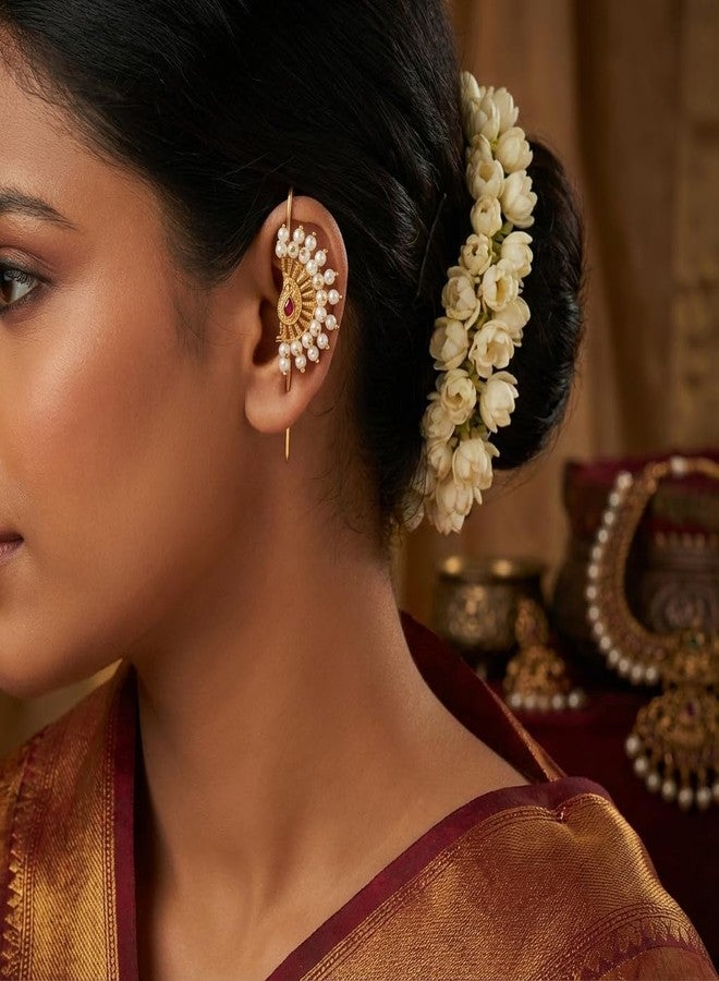 AAIKU Traditional Gold-Plated Maharashtrian Stud Earrings & Non-Piercing Bugadi (Earcuff) Set | Pearl-Beaded with Red Ruby Bugadi with Floral Stud Earrings | Bridal Marathi Jewelry for Women & Girls - Image 3