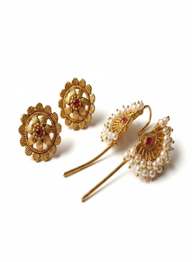 AAIKU Traditional Gold-Plated Maharashtrian Stud Earrings & Non-Piercing Bugadi (Earcuff) Set | Pearl-Beaded with Red Ruby Bugadi with Floral Stud Earrings | Bridal Marathi Jewelry for Women & Girls - Image 1