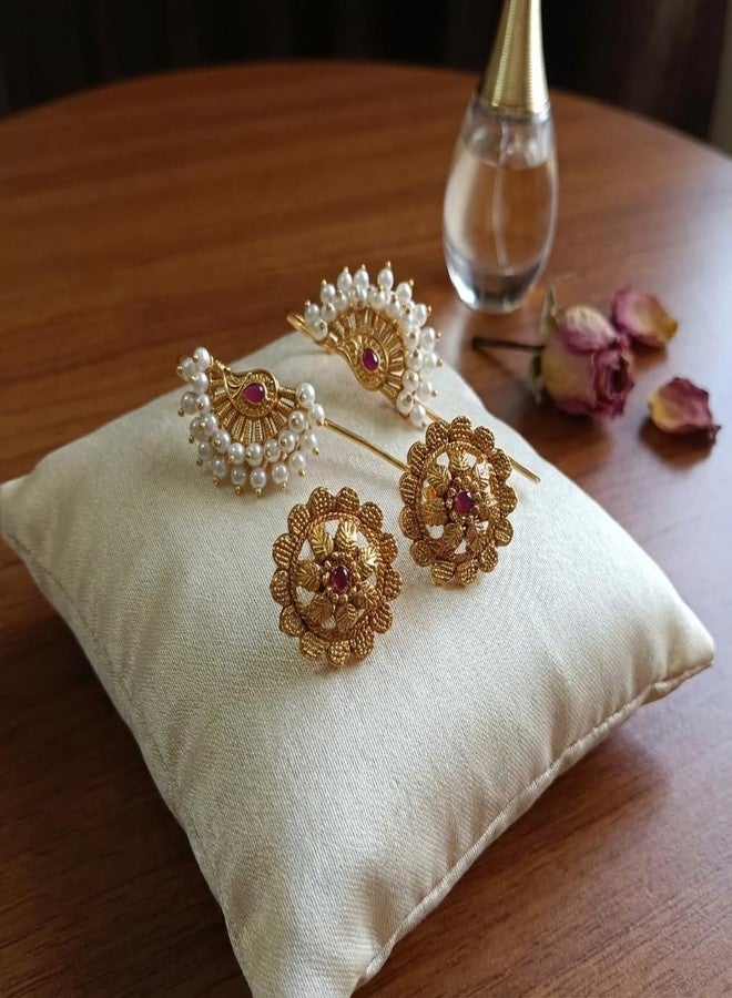 AAIKU Traditional Gold-Plated Maharashtrian Stud Earrings & Non-Piercing Bugadi (Earcuff) Set | Pearl-Beaded with Red Ruby Bugadi with Floral Stud Earrings | Bridal Marathi Jewelry for Women & Girls - Image 5