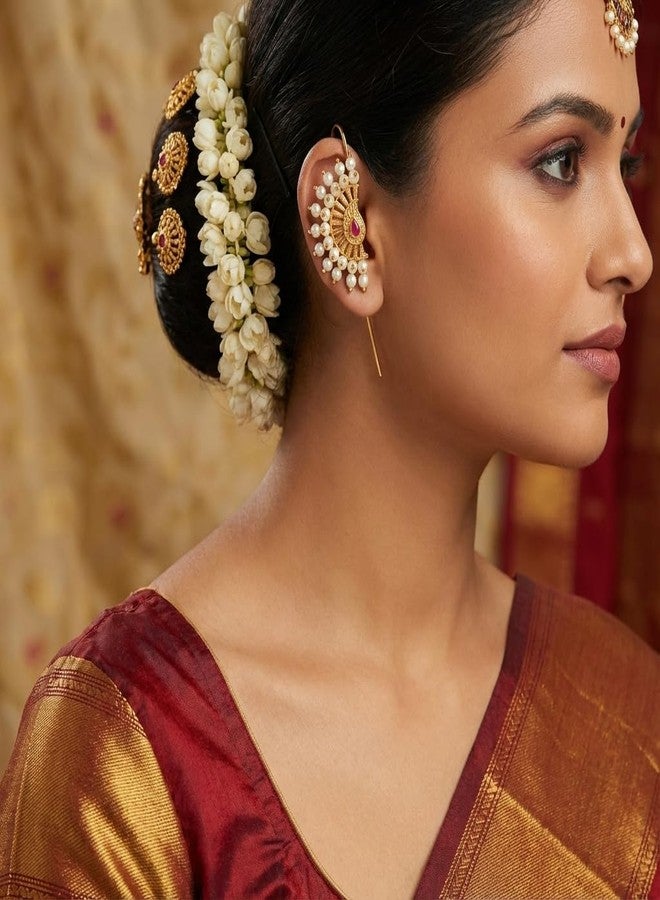 AAIKU Traditional Gold-Plated Maharashtrian Stud Earrings & Non-Piercing Bugadi (Earcuff) Set | Pearl-Beaded with Red Ruby Bugadi with Floral Stud Earrings | Bridal Marathi Jewelry for Women & Girls - Image 2