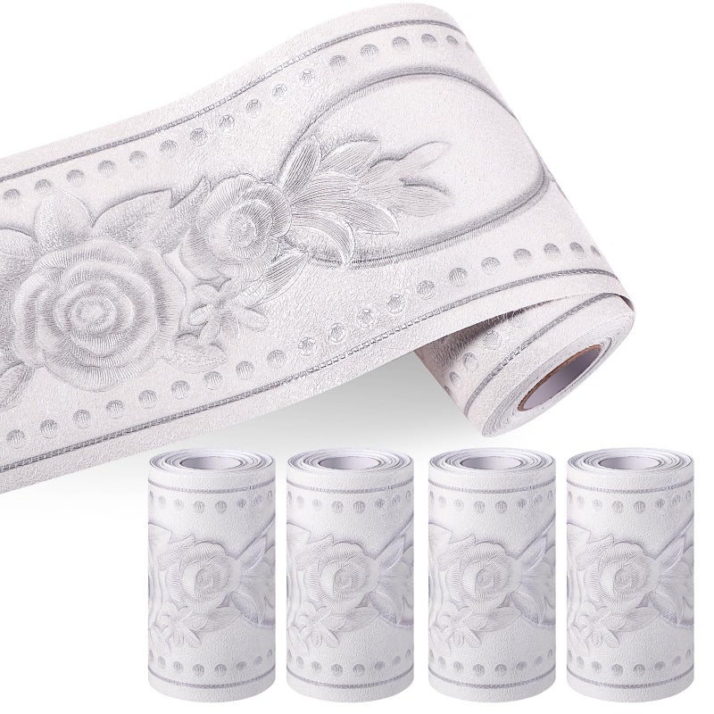 TaoBary 4 Rolls 4 X164 ft Self Adhesive Waterproof Wallpaper Border 3D Flower Pattern Wall Decor Removable Tiles Sticker Bulletin Board Border for Home Bathroom Kitchen DecorWhitePeony