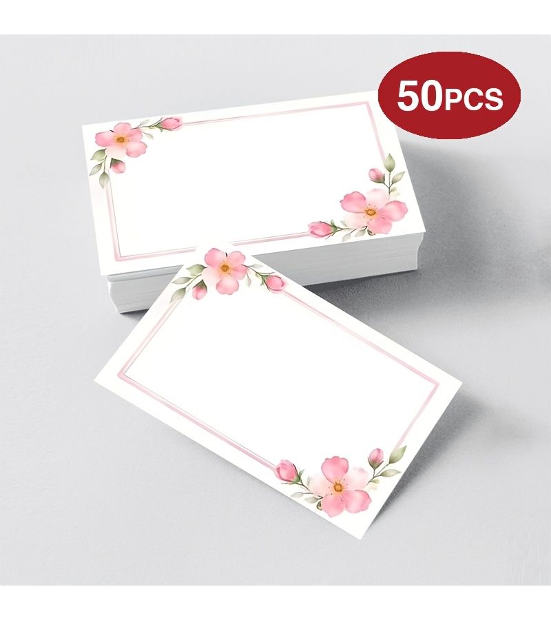 50pcs Pink Cherry Blossom Floral Blank Cards With Gentle Pink Flowers Easy Border Super Large Blank Area For Free Creation Thank You Birthday Greeting Business Messages - Image 1