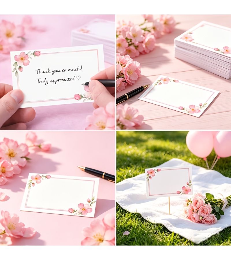 50pcs Pink Cherry Blossom Floral Blank Cards With Gentle Pink Flowers Easy Border Super Large Blank Area For Free Creation Thank You Birthday Greeting Business Messages - Image 4