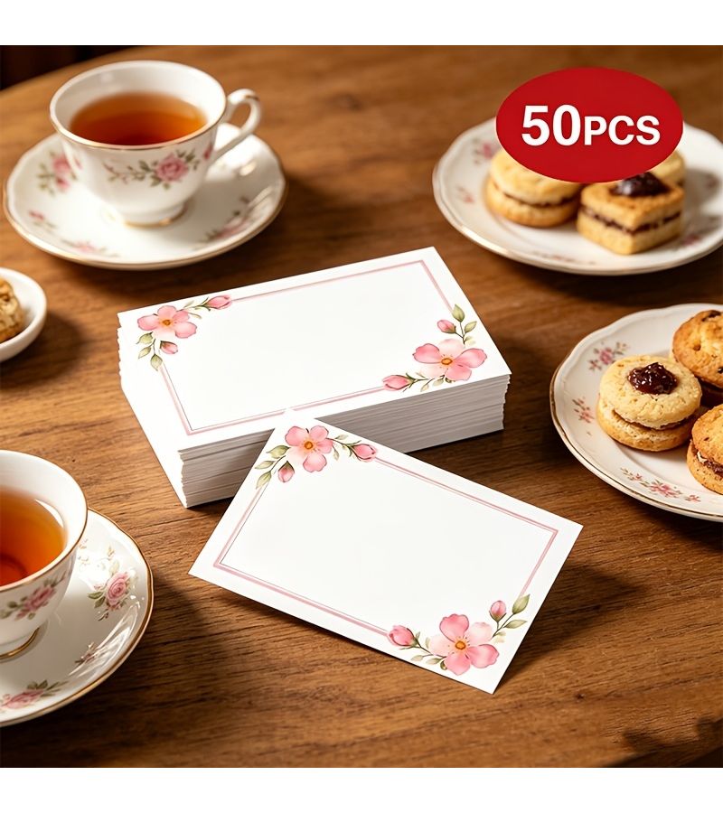 50pcs Pink Cherry Blossom Floral Blank Cards With Gentle Pink Flowers Easy Border Super Large Blank Area For Free Creation Thank You Birthday Greeting Business Messages - Image 5