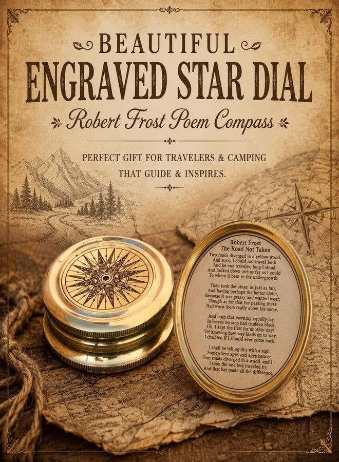 Mai Antiqued Brass Robert Frost Poem Compass with Wooden Box, Inspirational Gifts for Woman, Aniversity Gifts for Men,Engraved,Wedding for Boys, Pocket Compass for Hiking Survival - Image 3