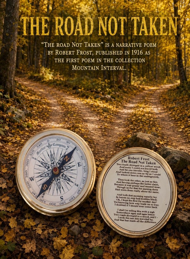 Mai Antiqued Brass Robert Frost Poem Compass with Wooden Box, Inspirational Gifts for Woman, Aniversity Gifts for Men,Engraved,Wedding for Boys, Pocket Compass for Hiking Survival - Image 2
