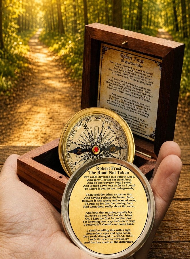 Mai Antiqued Brass Robert Frost Poem Compass with Wooden Box, Inspirational Gifts for Woman, Aniversity Gifts for Men,Engraved,Wedding for Boys, Pocket Compass for Hiking Survival - Image 4