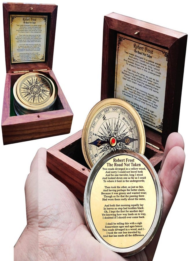 Mai Antiqued Brass Robert Frost Poem Compass with Wooden Box, Inspirational Gifts for Woman, Aniversity Gifts for Men,Engraved,Wedding for Boys, Pocket Compass for Hiking Survival - Image 1