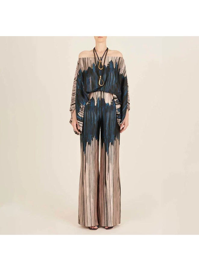 general Women's 2025-2026 Fashion Print Round Neck Loose Batwing Sleeve Waist Cinched Wide Leg Pants Set - Image 1