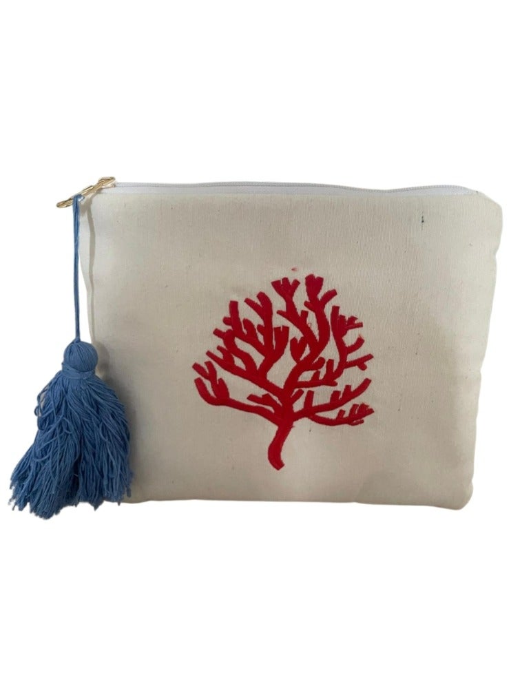 أتش أتش حقيبة  كلاتش حقيبة شاطئية كلاتش نسائية مطرزة باللون المرجاني الأحمر مع شرابة، لون بيج حقيبة  كلاتش حقيبة شاطئية كلاتش نسائية مطرزة باللون المرجاني الأحمر مع شرابة، لون بيج - Image 1