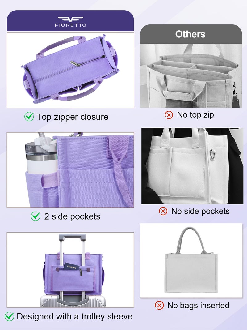 FIORETTO Women's Canvas Tote Bag with Zipper Top, Individual Compartments, Reinforced Bottom, Trolley Sleeve & Adjustable Strap, Doubles as a Crossbody Purse for Work, Travel, Bible, Lavender Purple M - Image 4