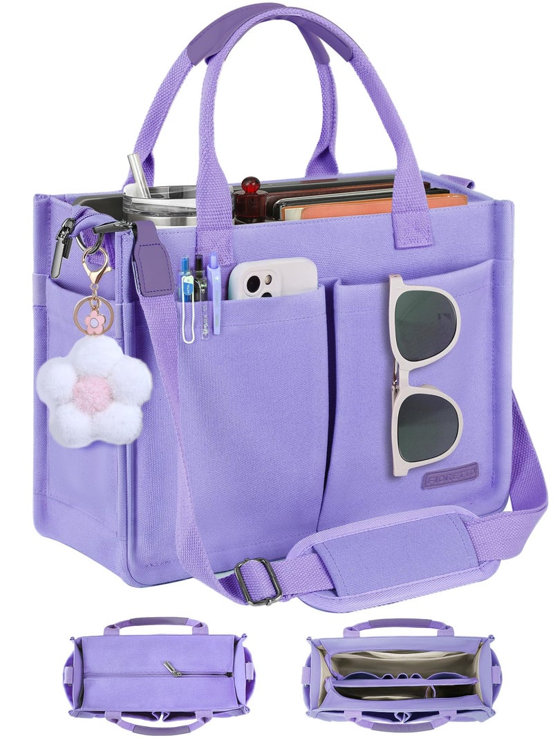 FIORETTO Women's Canvas Tote Bag with Zipper Top, Individual Compartments, Reinforced Bottom, Trolley Sleeve & Adjustable Strap, Doubles as a Crossbody Purse for Work, Travel, Bible, Lavender Purple M - Image 1