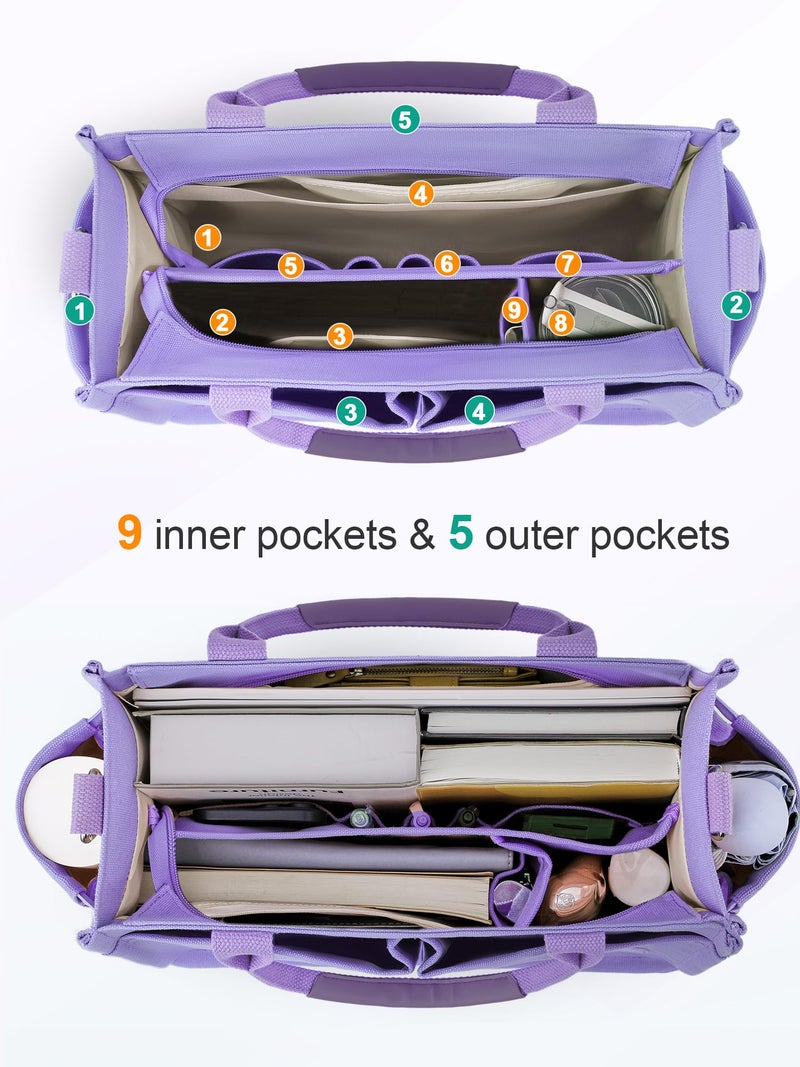 FIORETTO Women's Canvas Tote Bag with Zipper Top, Individual Compartments, Reinforced Bottom, Trolley Sleeve & Adjustable Strap, Doubles as a Crossbody Purse for Work, Travel, Bible, Lavender Purple M - Image 3