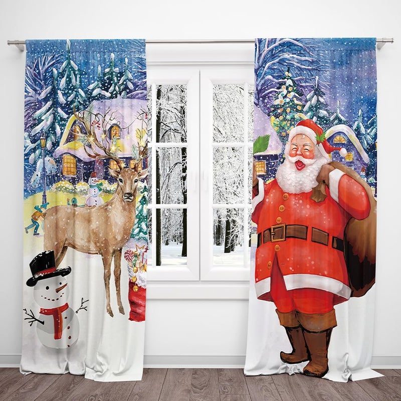 DOTOOMA 82 x 84 Inches Winter Christmas Window Curtain Snowman Santa Claus Fawn Pine Trees Home Bedroom Living Room Decor Rod Pocket Drapes 2 Panel Window Decoration - Image 2
