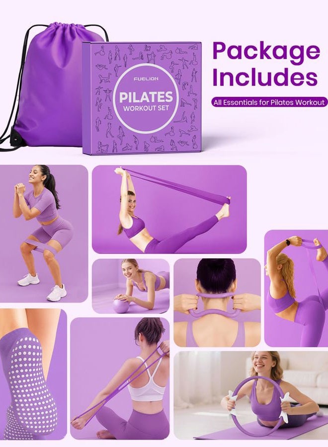 Fuelion Pilates Ring Set for Women, Home Workout Pilates Equipment with Resistance Bands, 14'' Magic Circle, Mini Ball, Pilates Starter Kit for Strength, Toning and Flexibility (Purple, Medium-Level2) - Image 2