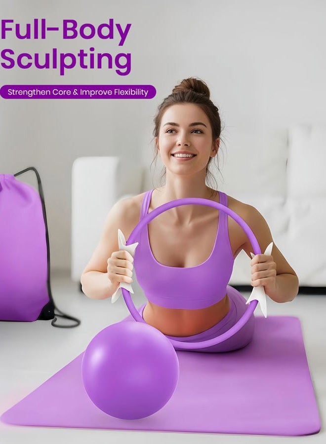 Fuelion Pilates Ring Set for Women, Home Workout Pilates Equipment with Resistance Bands, 14'' Magic Circle, Mini Ball, Pilates Starter Kit for Strength, Toning and Flexibility (Purple, Medium-Level2) - Image 3