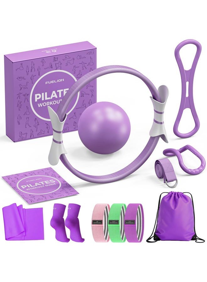 Fuelion Pilates Ring Set for Women, Home Workout Pilates Equipment with Resistance Bands, 14'' Magic Circle, Mini Ball, Pilates Starter Kit for Strength, Toning and Flexibility (Purple, Medium-Level2) - Image 1
