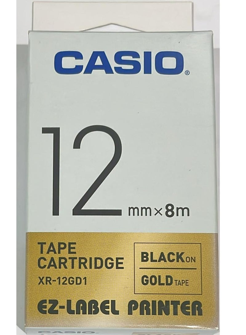 Casio tape cartridge black on gold tape XR-12GD1