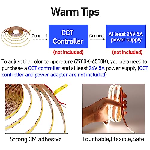 GOMING 24V 10M(32.8ft) CCT COB LED Strip 2700K-6500K Tunable White 624LED/M CRI 93+ Flexible IP20 Not Waterproof LED Tape Lights for Bedroom Home Decor(Controller and Power Supply Not Included) - Image 3