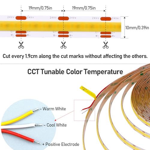GOMING 24V 10M(32.8ft) CCT COB LED Strip 2700K-6500K Tunable White 624LED/M CRI 93+ Flexible IP20 Not Waterproof LED Tape Lights for Bedroom Home Decor(Controller and Power Supply Not Included) - Image 2