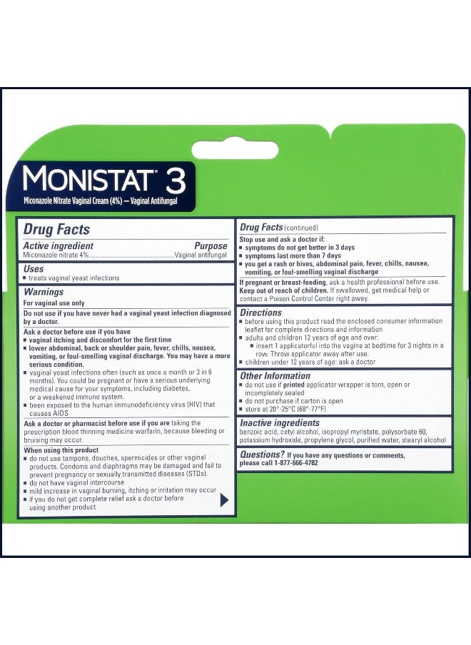 Monistat Monistat 3 Day Yeast Infection Treatment for Women, 3 Miconazole Pre-Filled Cream Applicators, 1 Pack  - Image 2
