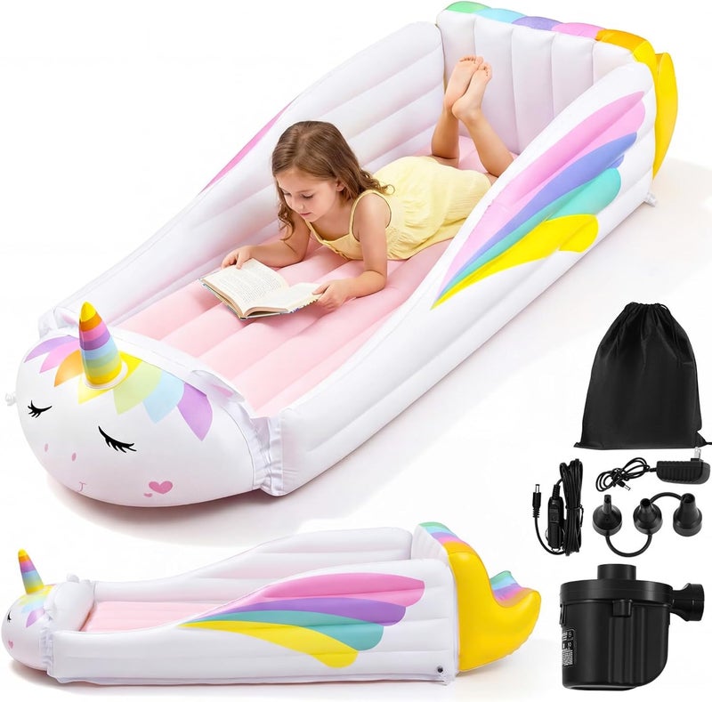 Relaxgiant Unicorn Inflatable Kids Bed, Toddler Travel Bed with Safety Bumper and Air Mattress Portable Air Mattress with Pump for Kids Vacation Hotel Home Sleepover Birthday Gift - Image 1