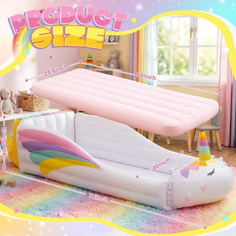 Relaxgiant Unicorn Inflatable Kids Bed, Toddler Travel Bed with Safety Bumper and Air Mattress Portable Air Mattress with Pump for Kids Vacation Hotel Home Sleepover Birthday Gift - Image 2