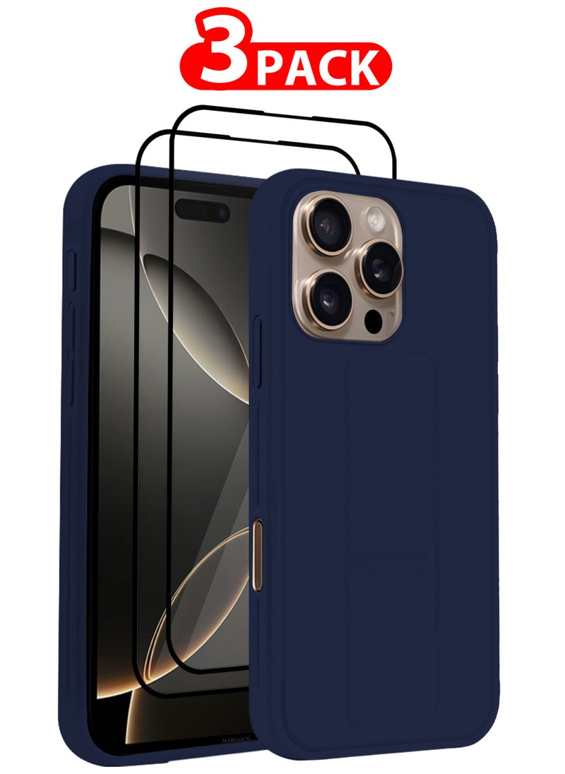 CATANES - (for Apple iPhone 16 Pro) 3Packs, Case  PU Leather Back Cover Stand Function Finger Grip Case Cover with Shock Proof Screen Protector / Dark Blue - Image 1