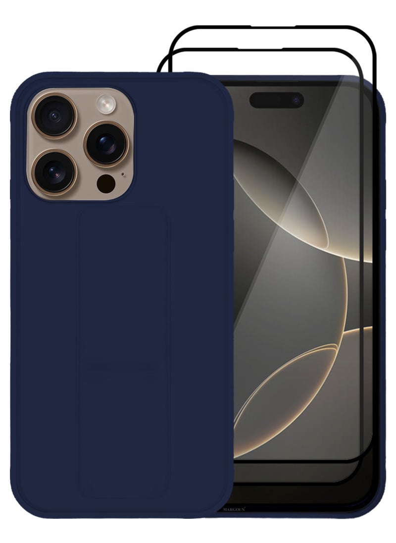 CATANES - (for Apple iPhone 16 Pro) 3Packs, Case  PU Leather Back Cover Stand Function Finger Grip Case Cover with Shock Proof Screen Protector / Dark Blue - Image 1