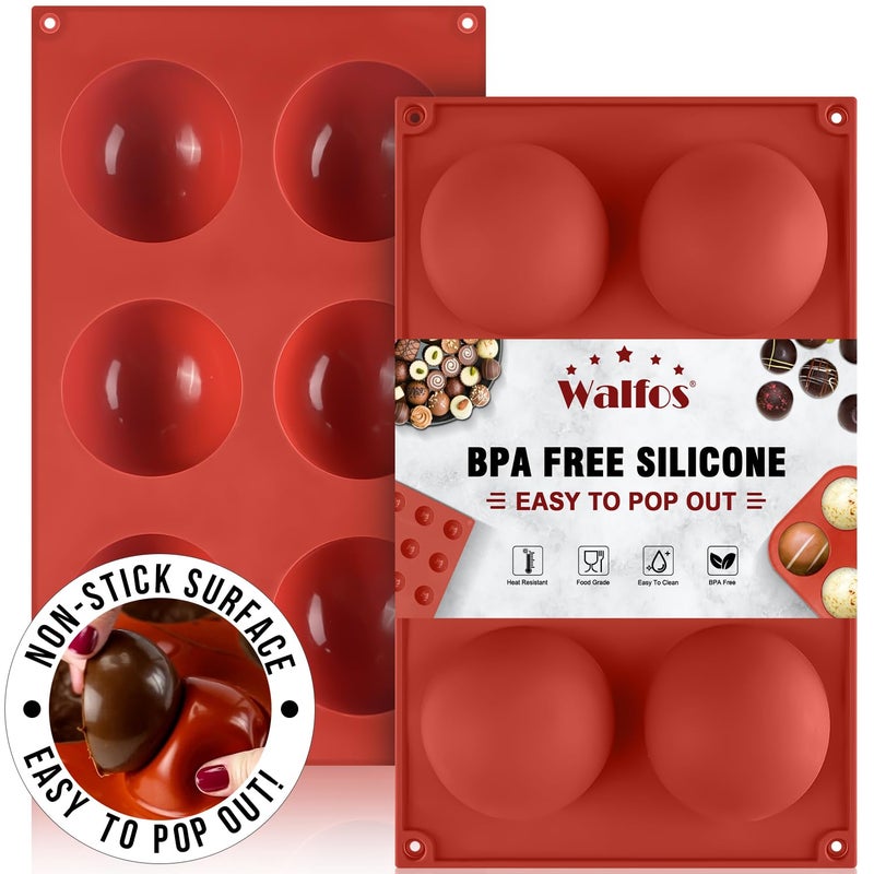 Walfos Large 6Cavity Semi Sphere Silicone Mold Half Sphere Silicone Baking Molds for Making Chocolate Cake Jelly Dome Mousse 2 Packs
