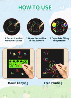 GROIC 50 Pcs Scratch Art Paper for Kids Magic Scratch Off Paper Set Art Craft Kit Black Scratch Paper Sheets with 4 Stencils 5 Wooden Stylus  - Image 4