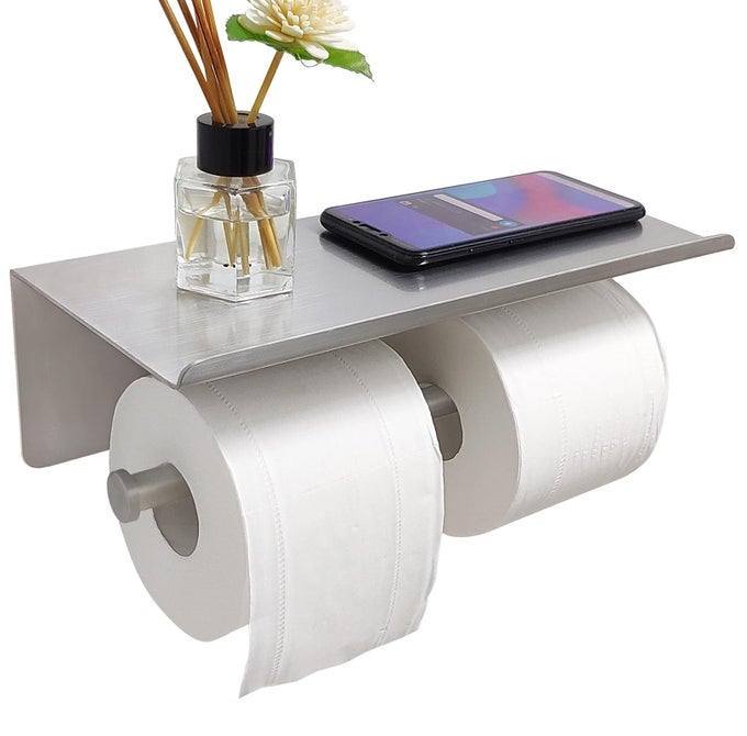LARGE DOUBLE TOILET PAPER HOLDER WITH SHELF DUAL TOILET PAPER ROLLS HOLDER WALL MOUNTED BATHROOM MOBILE PHONE STORAGE RACK TISSUE TP DISPENSER SUS304 STAINLESS STEEL BRUSHED NICKEL