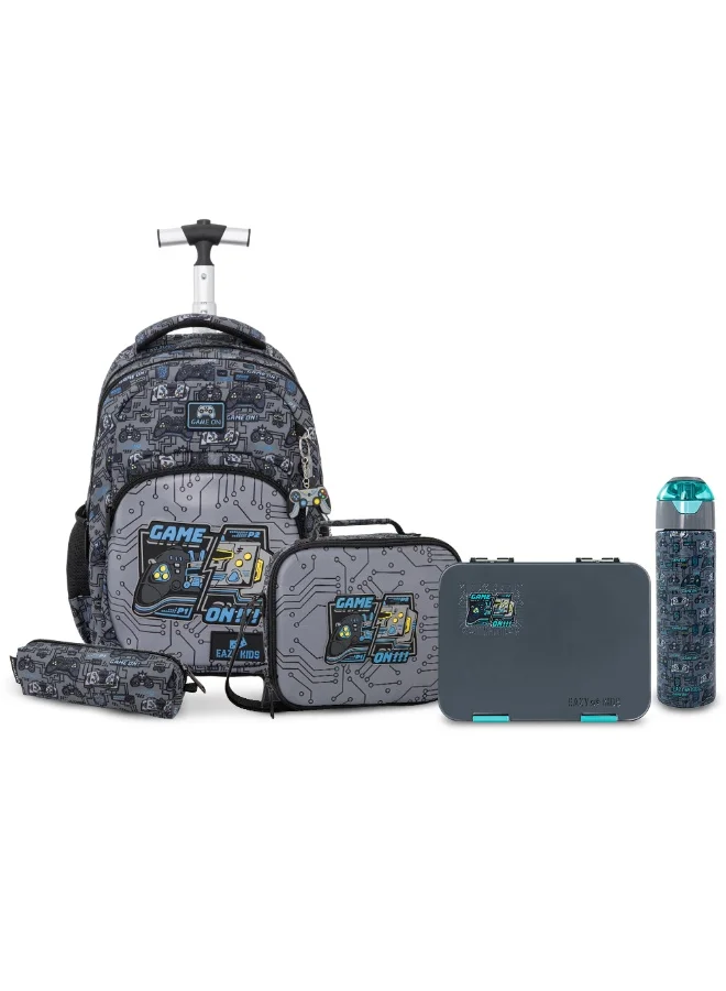 Eazy Kids Eazy Kids 17” Trolley School Backpack Set w/ Convertible Bento Lunch Box & Insulated Water Bottle – Gamer Grey