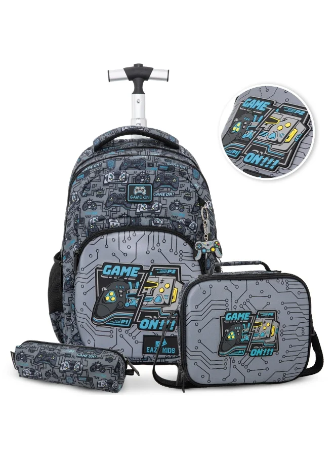 Eazy Kids Eazy Kids 17” Trolley School Backpack Set w/ Convertible Bento Lunch Box & Insulated Water Bottle – Gamer Grey