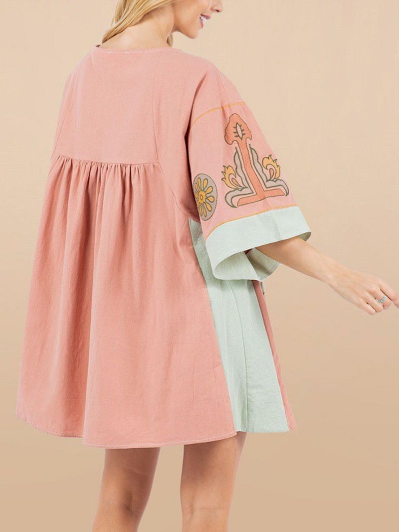 Joiemont Womens Oversized Embroidered Dress with V-Neck and 3/4 Sleeves Vintage Embroidery Babydoll Dress(0603-Pink-L) - Image 2