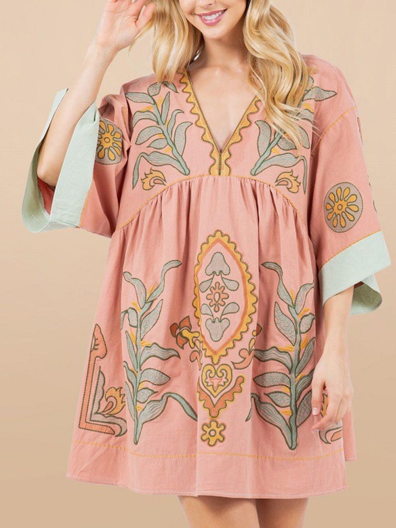 Joiemont Womens Oversized Embroidered Dress with V-Neck and 3/4 Sleeves Vintage Embroidery Babydoll Dress(0603-Pink-L) - Image 3