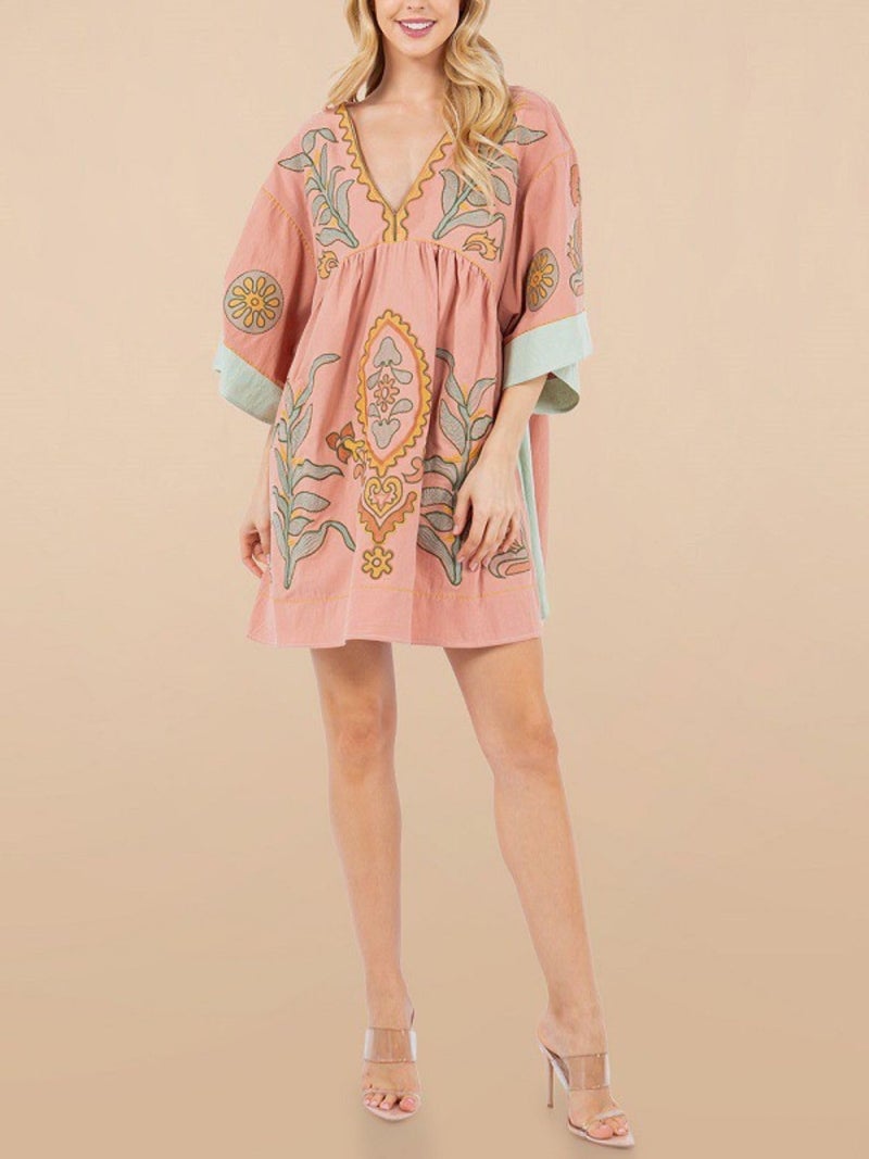 Joiemont Womens Oversized Embroidered Dress with V-Neck and 3/4 Sleeves Vintage Embroidery Babydoll Dress(0603-Pink-L) - Image 4